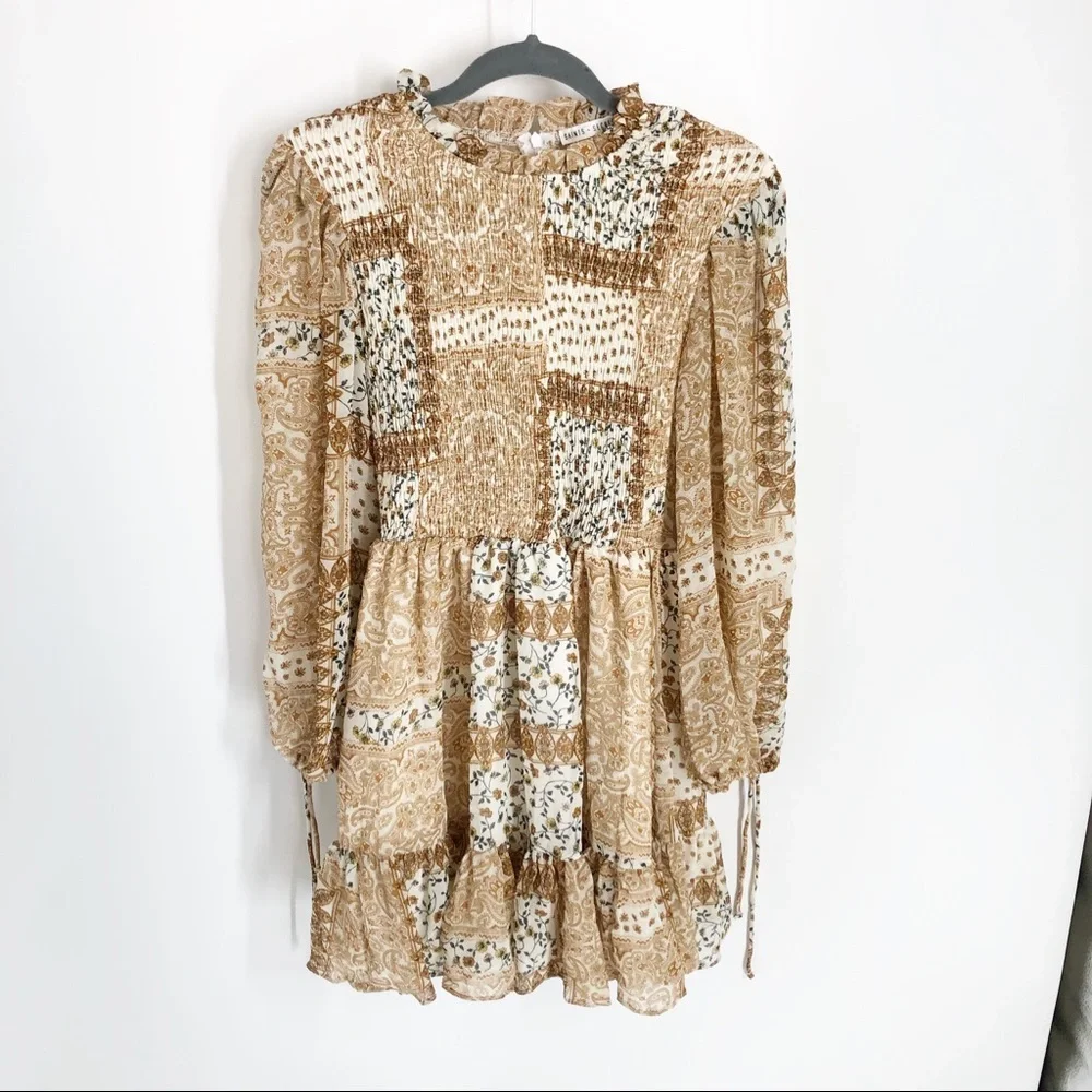 Saints + Secrets Made in Morocco  Patchwork Paisely Smocked Mini Dress S - Picture 4 of 6